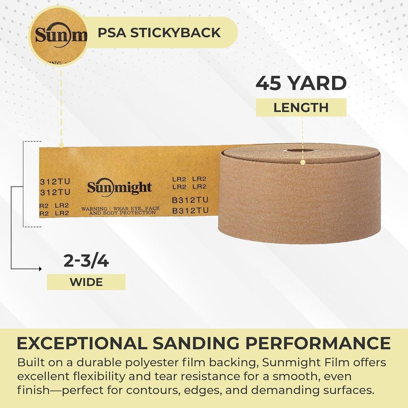 Sunmight Film 220 Grit Sandpaper Roll 2-3/4" x 45 Yards – PSA Longboard Sandpaper – Adhesive Backed for Auto Body, Wood, Metal, Marine & Aerospace – Durable Latext Paper Backing for Smooth Sanding - Image 4